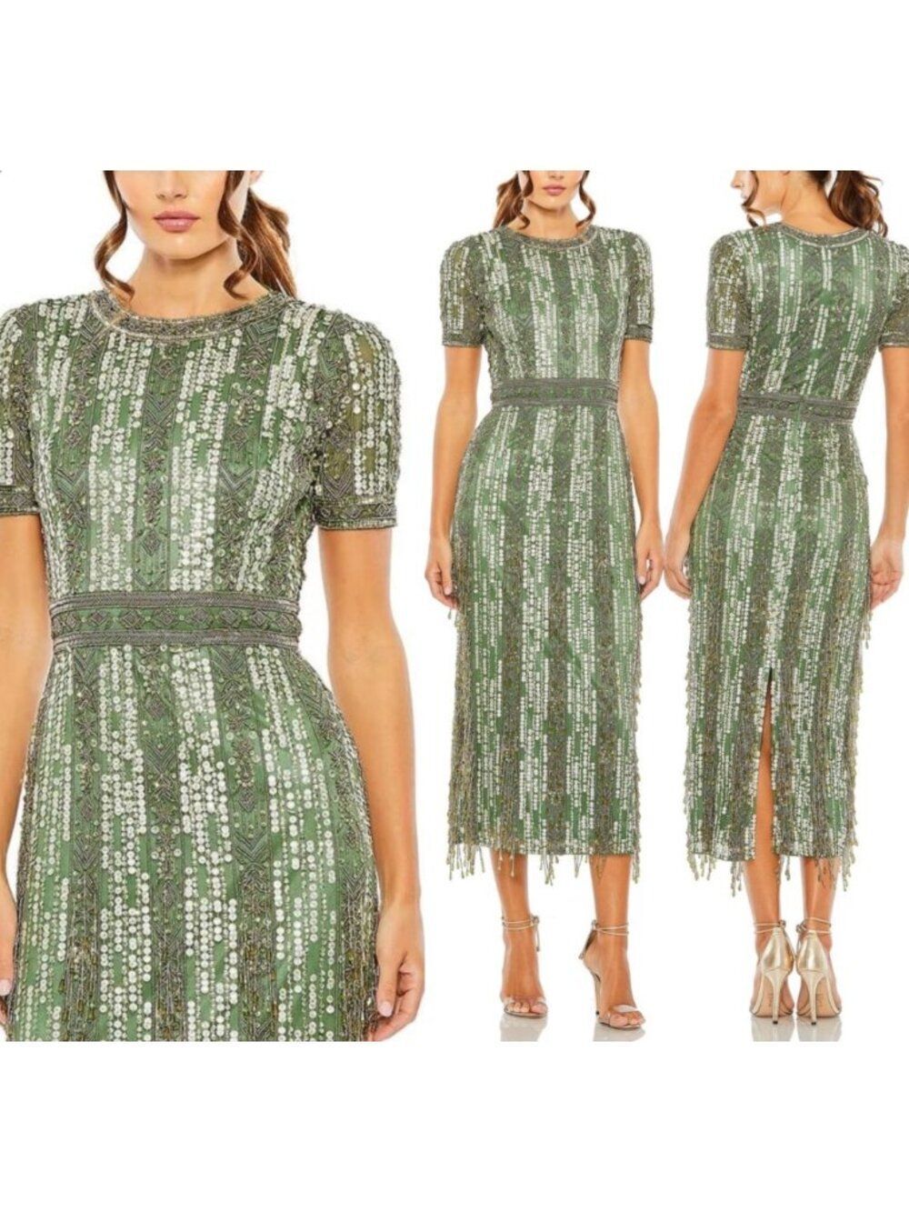 Mac Duggal High Neck Short Sleeve Crystal Fringe Column Gown Dress Size 12